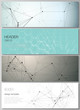 Minimalistic vector editable layout of headers, banner design templates in popular formats. Technology, science, medical concept. Molecule structure, connecting lines and dots. Futuristic background