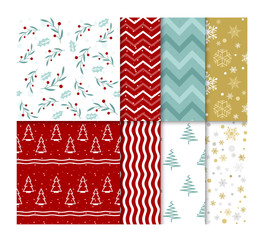 Vector illustration set of seamless bright Christmas patterns with snow and christmas trees in flat cartoon style.