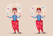 Circus Show. Funny Clown Character Juggles. Cartoon Vector Illustration