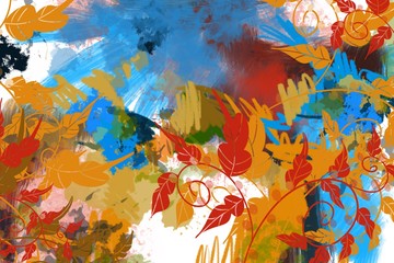 Wall Mural - Bold Artistic Abstract painted  background with leaves plants vines overlay for dimensional fantasy garden decorative backdrop pattern