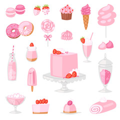 Pink food vector pinkish cake with sweet strawberry dessert with pinky drinks on birthday party illustration girlish set of donut or ice cream isolated on white background
