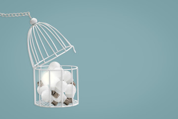 Lamp bulb in white bird cage isolated on blue background, minimal idea concept