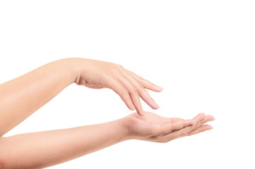 Young Woman hand isolated on white background.