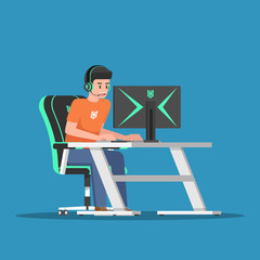 Poster - Young gamer playing game on desktop computer with gaming gear