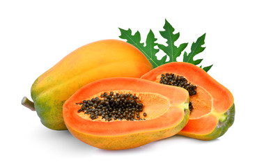 Wall Mural - whole and half ripe papaya with leaf isolated on white background