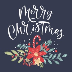 Merry Christmas calligraphy. Handwritten modern brush lettering. Hand drawn design elements.