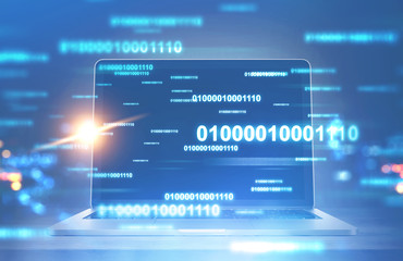 Poster - Laptop in binary code, double exposure, net