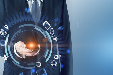 Poster - Businessman looking at phone, internet icons
