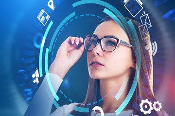 Poster - Woman in glasses looking at internet icons hud