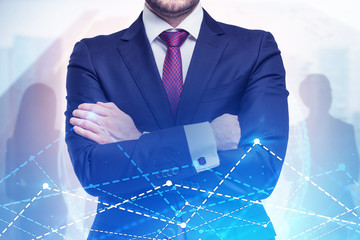 Poster - Confident business leader, graphs in city