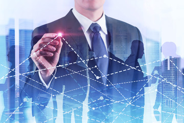 Poster - Businessman drawing graph hologram in city, team