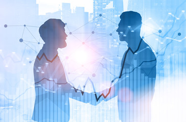 Poster - Businessmen shaking hands, cityscape, stock market