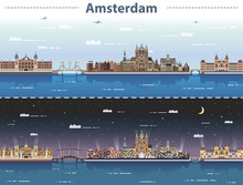 Amsterdam Cityscape At Day And Night Vector Illustration