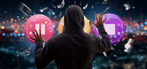 Poster - Man holding a Music button and notes playing  3d rendering