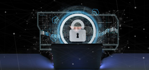 Poster - Hacker Man holding a padlock web security concept 3d rendering