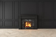 Modern classic black interior with fireplace, wall panels, wooden floor. 3d render illustration mock up