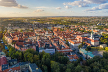 Top Aerial View To Old Town With Market Square Of Kalisz, Poland.