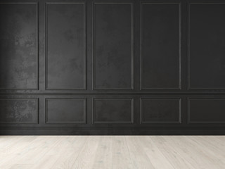 Modern classic black empty interior with wall panels and wooden floor.