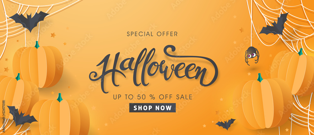Happy Halloween sale banners or party invitation background.Vector illustration .calligraphy of "halloween" - obrazy, fototapety, plakaty 