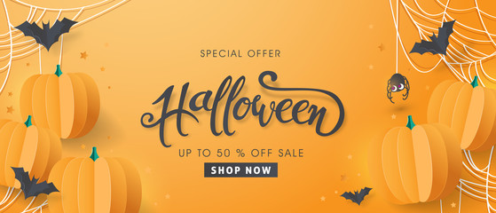 Wall Mural - happy halloween sale banners or party invitation background.vector illustration .calligraphy of 