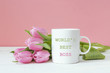 © WindyNight - Boss day background with pink tulips. Congratulations for a female boss.