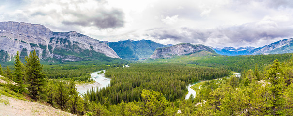 Wall Mural - Panoramic view at the Valley of Bow river from Hoodoos view point in Banff National Park - Canadian Rocky Mountains