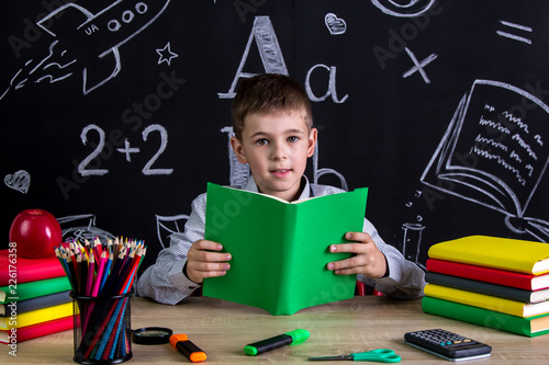 Fotografía Excellent schoolboy sitting at the desk reading the book, surrounded with school supplies, looking straight to the camera