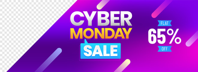 cyber monday sale header or banner design with 65% discount offer on shiny purple background with sp