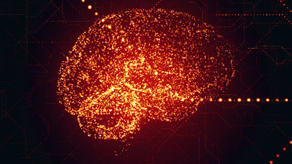 Wall Mural - Digital Artificial Intelligence bright red brain appears in a particle of binary data scan in futuristic cyberspace. Neural network deep learning technology concept. 3D illustration
