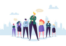 Group Of Business People Characters With Leader. Teamwork And Leadership Concept. Successful Businessman Stand Out In Front Of Flat People. Vector Illustration
