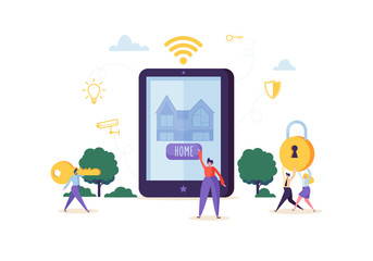 Poster - smart house technology concept. people characters controlling home sequrity and power energy with mo