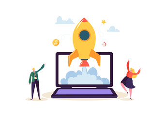 Poster - startup concept with jumping happy characters. flat business people launching rocket. new project su