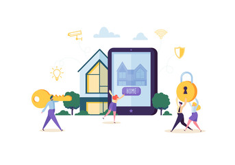 Poster - smart house technology concept. people characters controlling home sequrity and power energy with mo