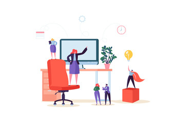 Poster - Flat People Characters Working in Office with Computer and Plants. Modern Workspace Workplace with Desk and Business People. Vector illustration