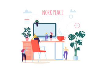 Poster - Flat People Characters Working in Office with Computer and Plants