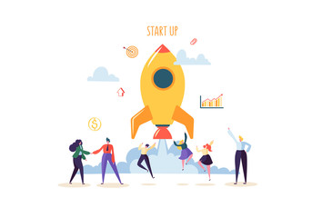 Poster - startup concept with jumping happy characters. flat business people launching rocket. new project su