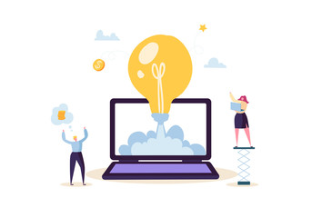 Poster - startup concept with light bulb and happy characters. flat business people launching rocket from lap