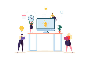 Poster - Flat People Characters Working in Office with Computer and Plants. Modern Workspace Workplace with Desk and Business People. Vector illustration
