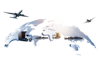 Wall Mural - Transportation, import-export and logistics concept, container truck, ship in port and freight cargo plane in transport and import-export commercial logistic, shipping business industry