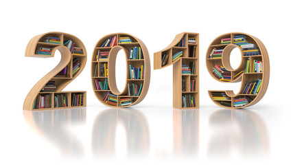Poster - 2019 new year education concept. Bookshelvs with books in the form of text 2019.