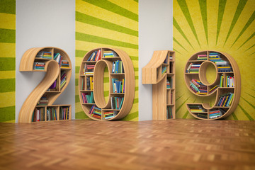 Poster - 2019 new year education concept. Bookshelvs with books in the form of text 2019.
