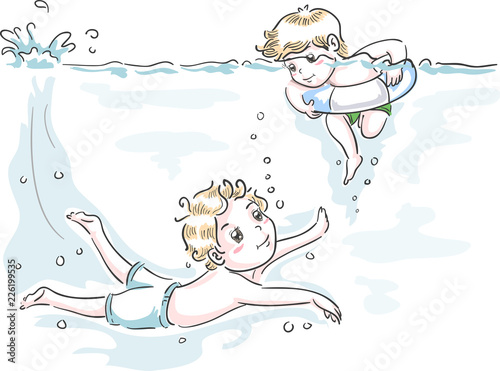 Fotografie, Obraz Kids Boys Swim Teach Brotherly Duty Illustration