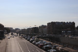 City skyline landscape. High way with cars. Obvodniy kanal embankment.