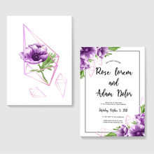 Wedding Invitation With Purple Anemone Flowers, Watercolor