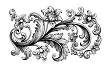 Flower Vintage Baroque Scroll Victorian Frame Border Floral Ornament Leaf Engraved Retro Pattern Rose Peony Decorative Design Tattoo Black And White Filigree Calligraphic Vector