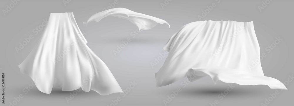 Set of realistic fluttering white cloths, soft lightweight clear material isolated on gray background vector illustration - obrazy, fototapety, plakaty 