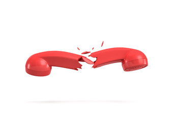 Wall Mural - 3d rendering of a red retro phone receiver broken in half on a white background.