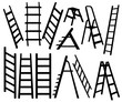 Black silhouette. Collection of metal ladders. Different types of stepladders. Flat vector illustration isolated on white background