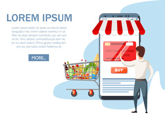 Big smartphone with mobile app and near standing man. Online supermarket, food menu. Concept for food delivery. Flat vector illustration. Website page and app design