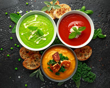 Variety Of Cream Soup Bowls: Sweet Pea And Mint, Tomato And Basil And Butternut Squash With Steamed Kale And Fried Halluomi